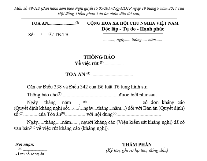 Mẫu thông báo về việc rút kháng cáo (kháng nghị) Mẫu thông báo về việc rút kháng cáo (kháng nghị)