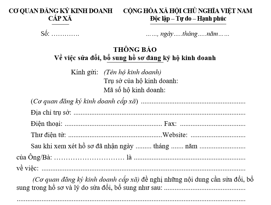 Mẫu thông báo về việc sửa đổi, bổ sung hồ sơ đăng ký hộ kinh doanh Mẫu thông báo về việc sửa đổi, bổ sung hồ sơ đăng ký hộ kinh doanh