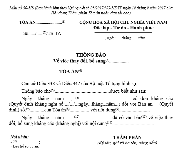 Mẫu thông báo về việc thay đổi, bổ sung kháng cáo (kháng nghị) Mẫu thông báo về việc thay đổi, bổ sung kháng cáo (kháng nghị)
