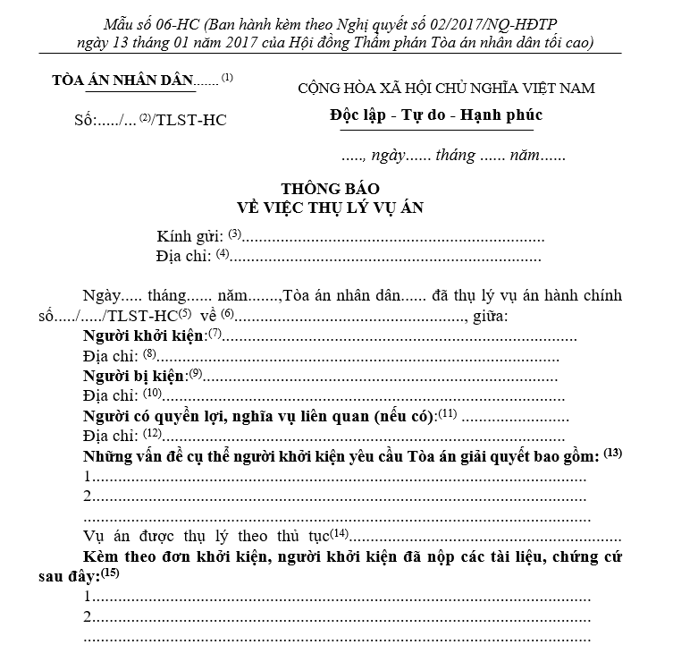 Mẫu thông báo về việc thụ lý vụ án Mẫu thông báo về việc thụ lý vụ án