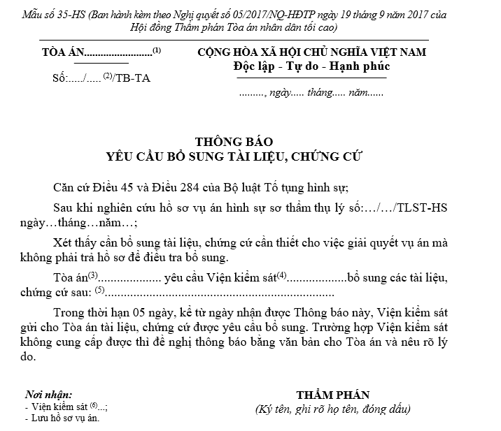 Mẫu thông báo yêu cầu bổ sung tài liệu, chứng cứ Mẫu thông báo yêu cầu bổ sung tài liệu, chứng cứ