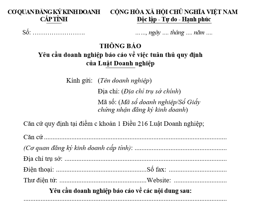Mẫu thông báo yêu cầu doanh nghiệp báo cáo về việc tuân thủ quy định của Luật Doanh nghiệp Mẫu thông báo yêu cầu doanh nghiệp báo cáo về việc tuân thủ quy định của Luật Doanh nghiệp