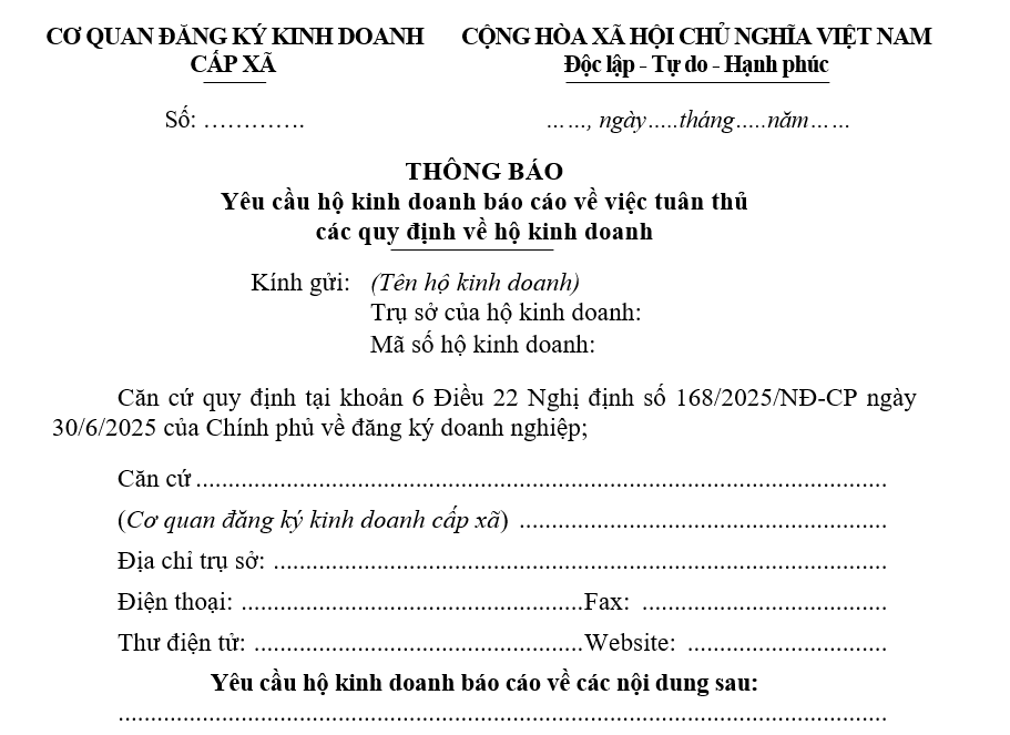 Mẫu thông báo yêu cầu hộ kinh doanh báo cáo về việc tuân thủ các quy định về hộ kinh doanh Mẫu thông báo yêu cầu hộ kinh doanh báo cáo về việc tuân thủ các quy định về hộ kinh doanh