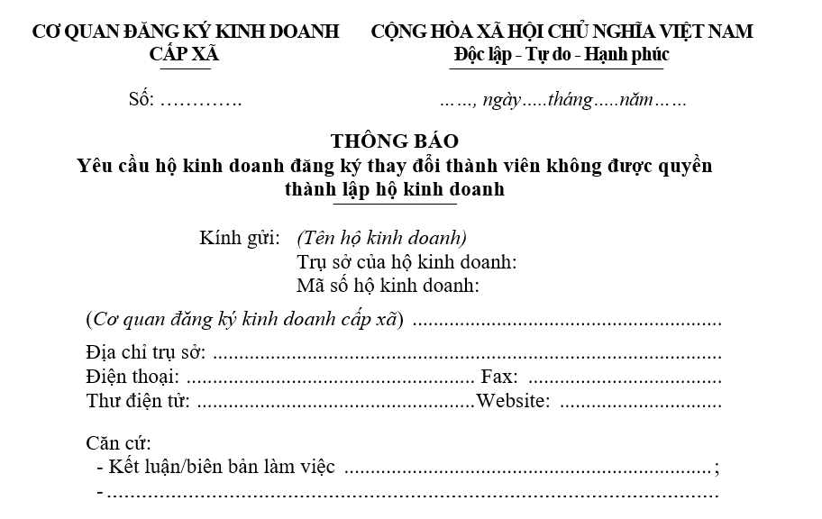 Mẫu thông báo yêu cầu hộ kinh doanh đăng ký thay đổi thành viên không được quyền thành lập hộ kinh doanh Mẫu thông báo yêu cầu hộ kinh doanh đăng ký thay đổi thành viên không được quyền thành lập hộ kinh doanh