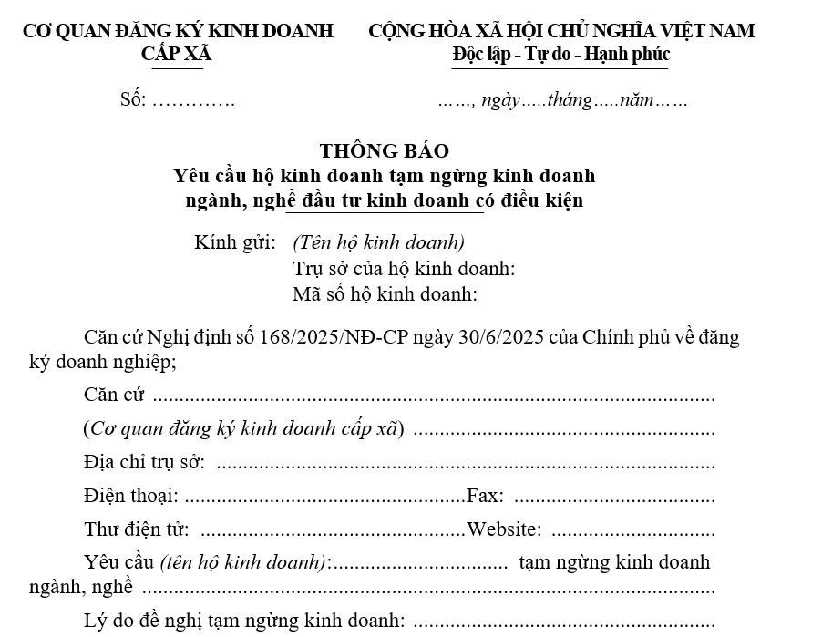 Mẫu thông báo yêu cầu hộ kinh doanh tạm ngừng kinh doanh ngành, nghề đầu tư kinh doanh có điều kiện Mẫu thông báo yêu cầu hộ kinh doanh tạm ngừng kinh doanh ngành, nghề đầu tư kinh doanh có điều kiện