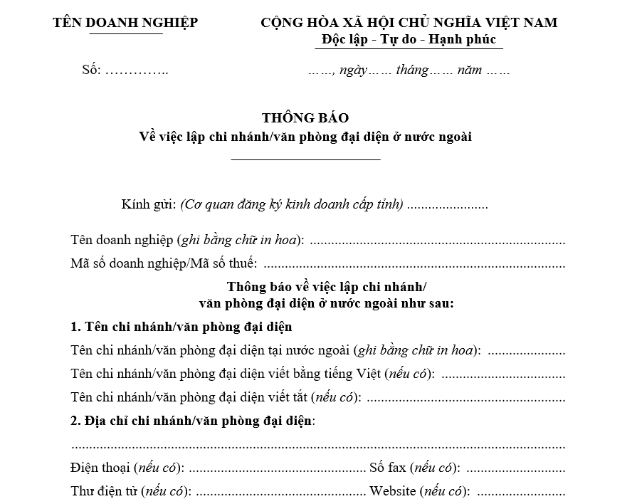 Mẫu thông báo về việc lập chi nhánh/ văn phòng đại diện ở nước ngoài Mẫu thông báo về việc lập chi nhánh/ văn phòng đại diện ở nước ngoài