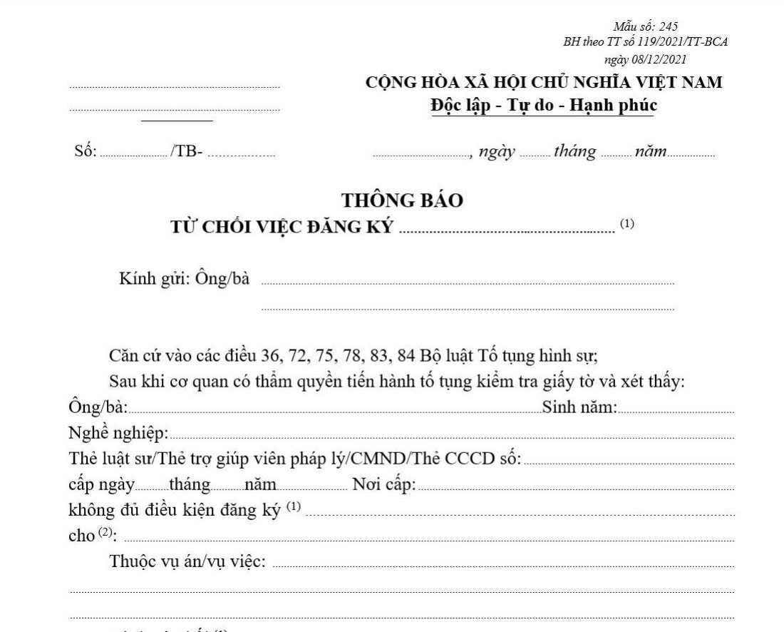 Mẫu thông báo từ chối việc đăng ký bào chữa Mẫu thông báo từ chối việc đăng ký bào chữa