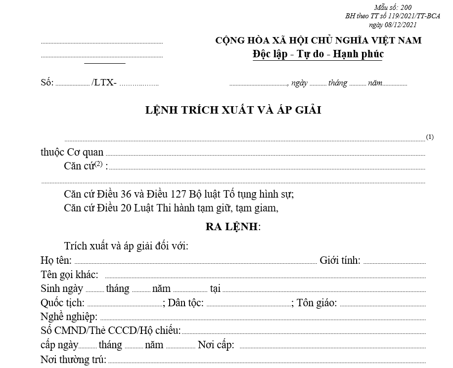 Mẫu Lệnh trích xuất và áp giải (theo quy định tại Điều 20 Luật thi hành tạm giữ, tạm giam) Mẫu Lệnh trích xuất và áp giải (theo quy định tại Điều 20 Luật thi hành tạm giữ, tạm giam)
