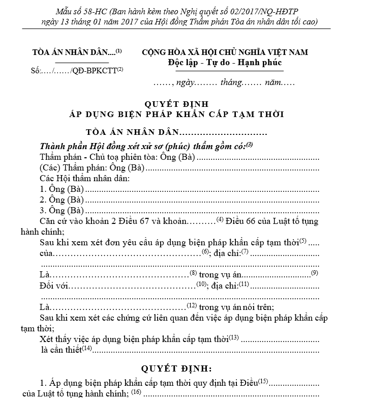 Mẫu Quyết định áp dụng biện pháp khẩn cấp tạm thời (dành cho Hội đồng xét xử sơ thẩm và Hội đồng xét xử phúc thẩm) Mẫu Quyết định áp dụng biện pháp khẩn cấp tạm thời (dành cho Hội đồng xét xử sơ thẩm và Hội đồng xét xử phúc thẩm)