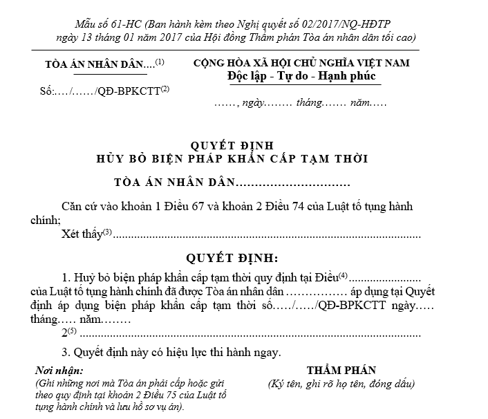 Mẫu Quyết định hủy bỏ biện pháp khẩn cấp tạm thời (dành cho Thẩm phán) Mẫu Quyết định hủy bỏ biện pháp khẩn cấp tạm thời (dành cho Thẩm phán)