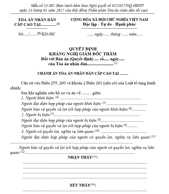 Mẫu Quyết định kháng nghị Giám đốc thẩm của Chánh án Tòa án nhân dân cấp cao Mẫu Quyết định kháng nghị Giám đốc thẩm của Chánh án Tòa án nhân dân cấp cao