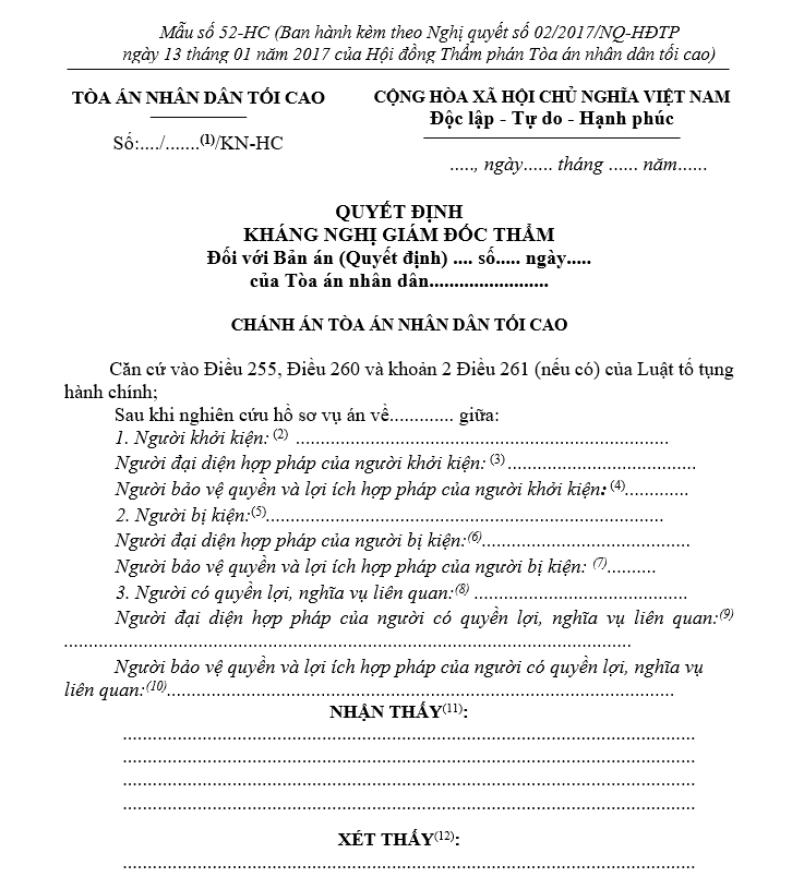 Mẫu Quyết định kháng nghị Giám đốc thẩm của Chánh án Tòa án nhân dân tối cao Mẫu Quyết định kháng nghị Giám đốc thẩm của Chánh án Tòa án nhân dân tối cao
