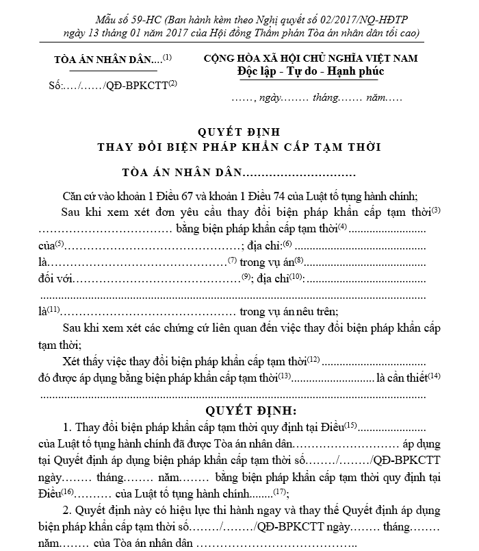 Mẫu Quyết định thay đổi biện pháp khẩn cấp tạm thời (dành cho Thẩm phán) Mẫu Quyết định thay đổi biện pháp khẩn cấp tạm thời (dành cho Thẩm phán)