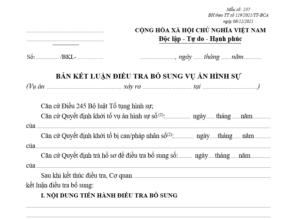 Mẫu bản kết luận điều tra bổ sung vụ án hình sự Mẫu bản kết luận điều tra bổ sung vụ án hình sự