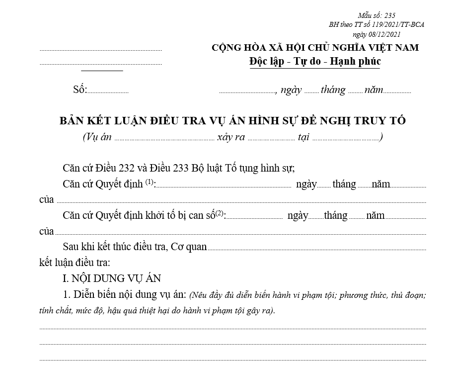 Mẫu bản kết luận điều tra vụ án hình sự đề nghị truy tố Mẫu bản kết luận điều tra vụ án hình sự đề nghị truy tố
