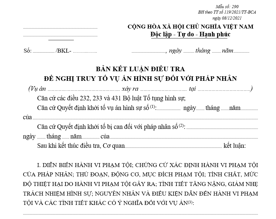 Mẫu bản kết luận điều tra vụ án hình sự đối với pháp nhân đề nghị truy tố Mẫu bản kết luận điều tra vụ án hình sự đối với pháp nhân đề nghị truy tố