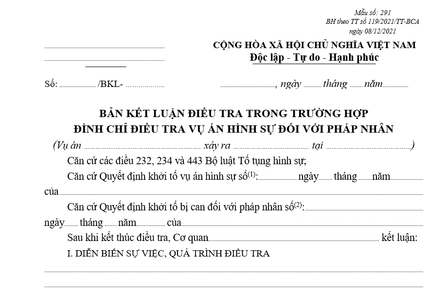 Mẫu bản kết luận điều tra vụ án hình sự đối với pháp nhân trong trường hợp đình chỉ điều tra Mẫu bản kết luận điều tra vụ án hình sự đối với pháp nhân trong trường hợp đình chỉ điều tra