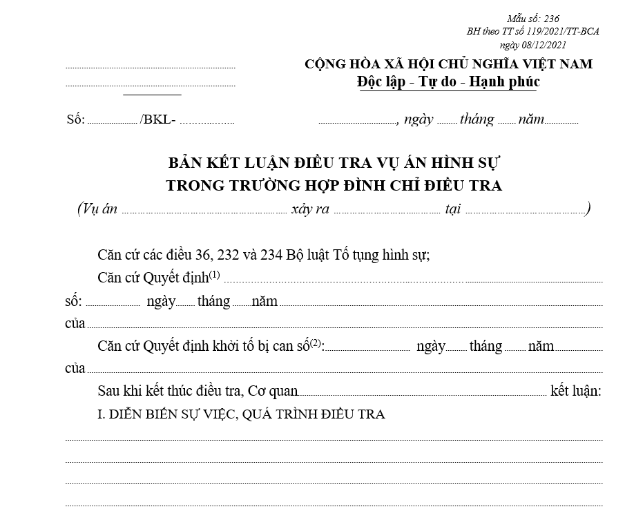 Mẫu bản kết luận điều tra vụ án hình sự trong trường hợp đình chỉ điều tra Mẫu bản kết luận điều tra vụ án hình sự trong trường hợp đình chỉ điều tra