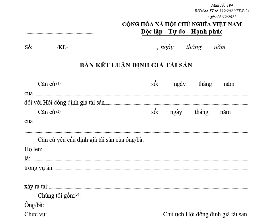 Mẫu bản kết luận định giá tài sản Mẫu bản kết luận định giá tài sản