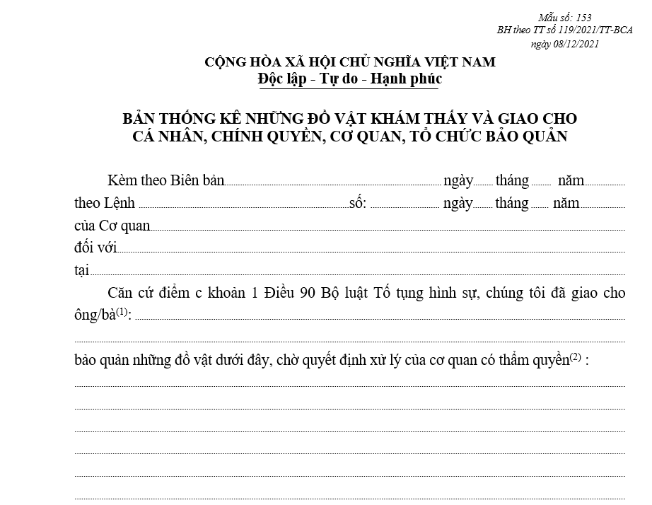 Mẫu bản thống kê những đồ vật khám thấy và giao cho cá nhân, chính quyền, cơ quan, tổ chức bảo quản Mẫu bản thống kê những đồ vật khám thấy và giao cho cá nhân, chính quyền, cơ quan, tổ chức bảo quản