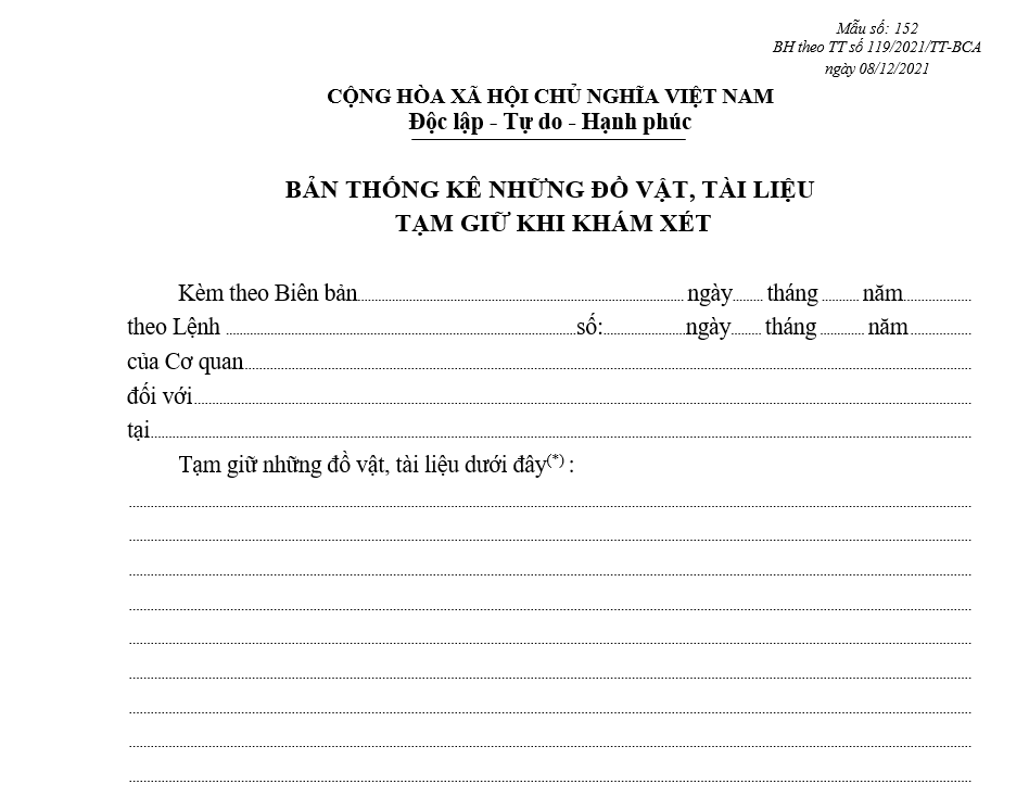 Mẫu bản thống kê những đồ vật, tài liệu tạm giữ khi khám xét Mẫu bản thống kê những đồ vật, tài liệu tạm giữ khi khám xét
