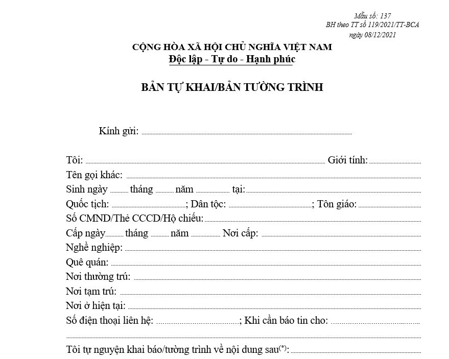 Mẫu bản tự khai/bản tường trình Mẫu bản tự khai/bản tường trình