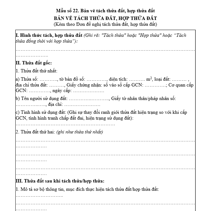 Mẫu bản vẽ tách thửa đất, hợp thửa đất