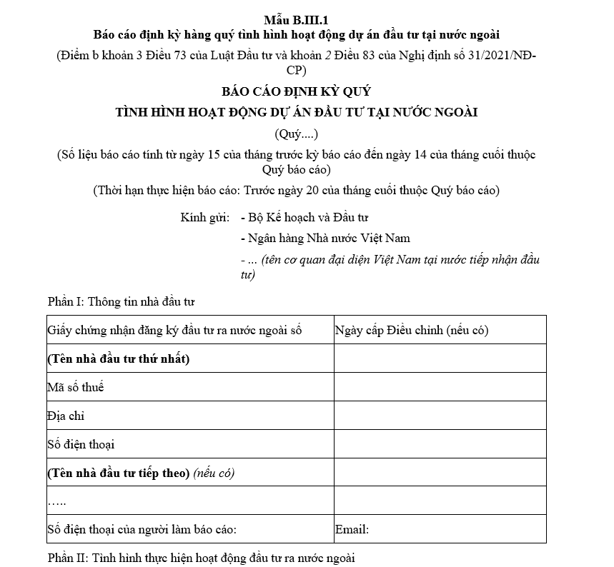 Mẫu báo cáo định kỳ hàng quý tình hình hoạt động dự án đầu tư tại nước ngoài Mẫu báo cáo định kỳ hàng quý tình hình hoạt động dự án đầu tư tại nước ngoài