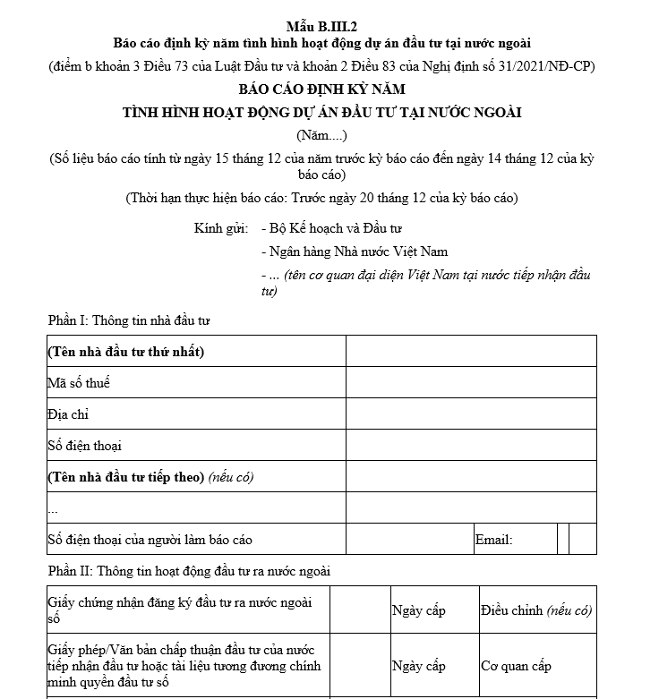 Mẫu báo cáo định kỳ năm tình hình hoạt động dự án đầu tư tại nước ngoài Mẫu báo cáo định kỳ năm tình hình hoạt động dự án đầu tư tại nước ngoài