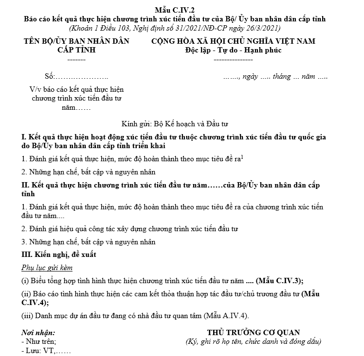 Mẫu báo cáo kết quả thực hiện chương trình xúc tiến đầu tư của Bộ/ Ủy ban nhân dân cấp tỉnh Mẫu báo cáo kết quả thực hiện chương trình xúc tiến đầu tư của Bộ/ Ủy ban nhân dân cấp tỉnh