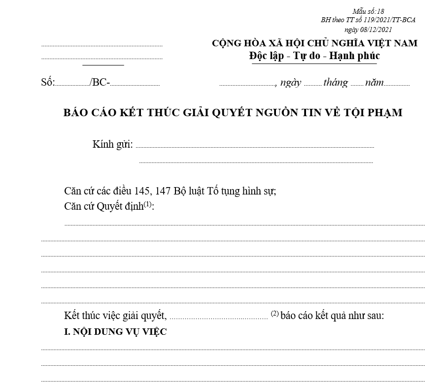Mẫu báo cáo kết thúc giải quyết nguồn tin về tội phạm Mẫu báo cáo kết thúc giải quyết nguồn tin về tội phạm