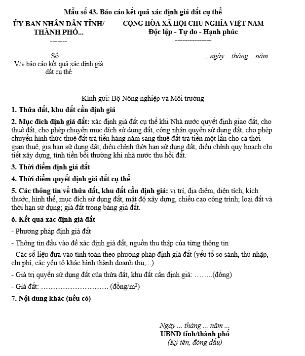Mẫu báo cáo kết quả xác định giá đất cụ thể