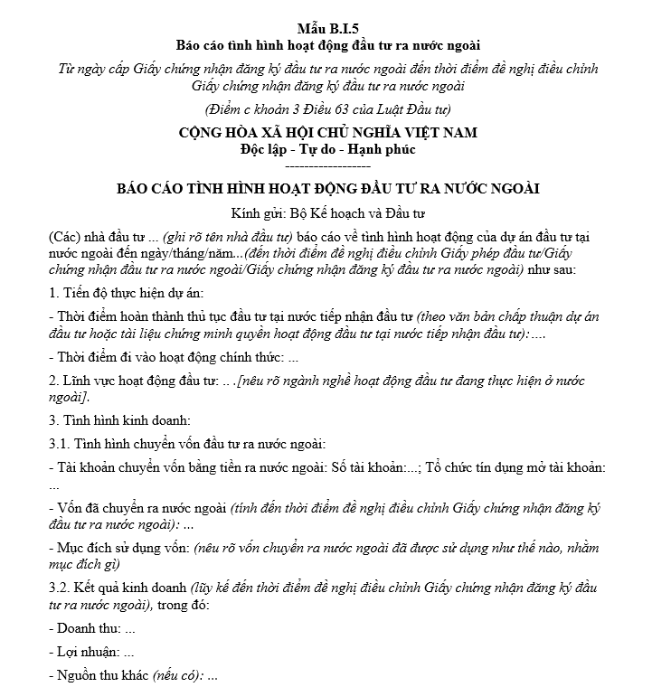 Mẫu báo cáo tình hình hoạt động đầu tư ra nước ngoài (Áp dụng cho tất cả hồ sơ đề nghị điều chỉnh Giấy chứng nhận đăng ký đầu tư ra nước ngoài) Mẫu báo cáo tình hình hoạt động đầu tư ra nước ngoài (Áp dụng cho tất cả hồ sơ đề nghị điều chỉnh Giấy chứng nhận đăng ký đầu tư ra nước ngoài)