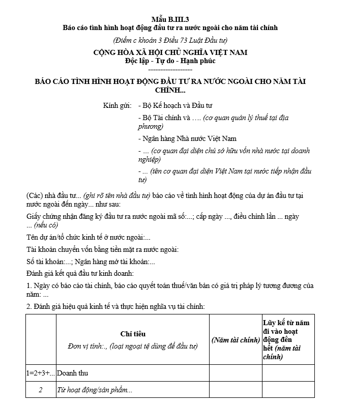 Mẫu báo cáo tình hình hoạt động đầu tư ra nước ngoài cho năm tài chính Mẫu báo cáo tình hình hoạt động đầu tư ra nước ngoài cho năm tài chính