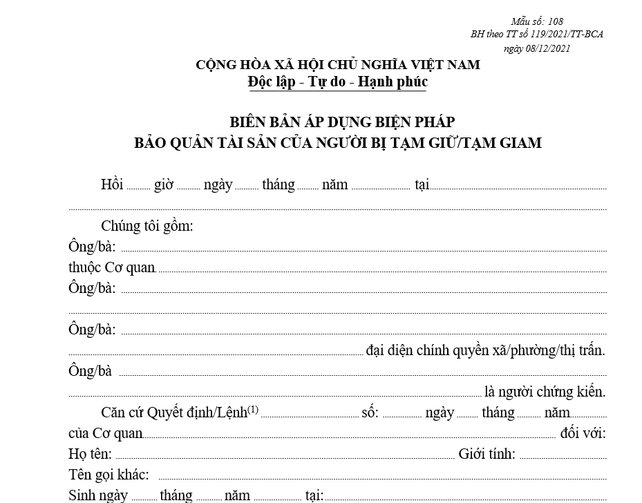 Mẫu biên bản áp dụng biện pháp bảo quản tài sản của người bị tạm giữ, tạm giam Mẫu biên bản áp dụng biện pháp bảo quản tài sản của người bị tạm giữ, tạm giam