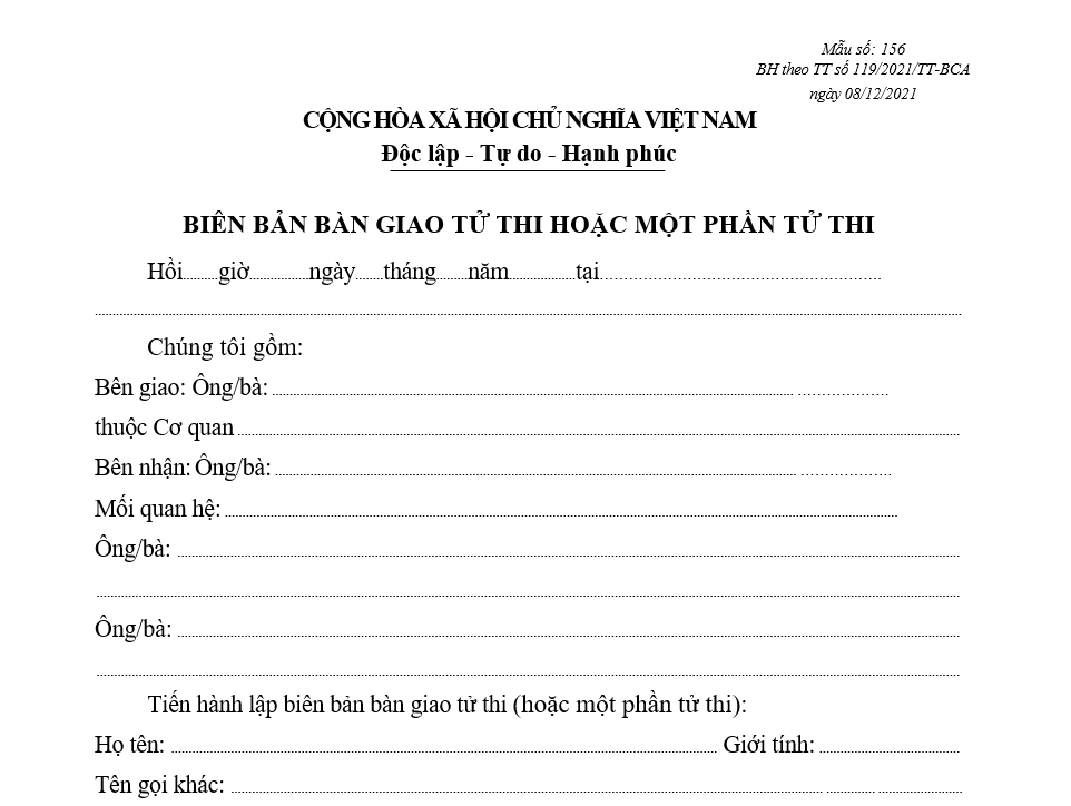 Mẫu biên bản bàn giao tử thi hoặc một phần tử thi Mẫu biên bản bàn giao tử thi hoặc một phần tử thi