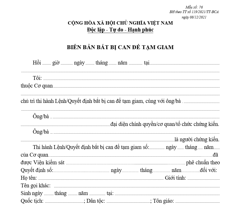Mẫu biên bản bắt bị can để tạm giam Mẫu biên bản bắt bị can để tạm giam