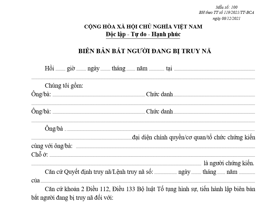 Mẫu biên bản bắt người đang bị truy nã Mẫu biên bản bắt người đang bị truy nã