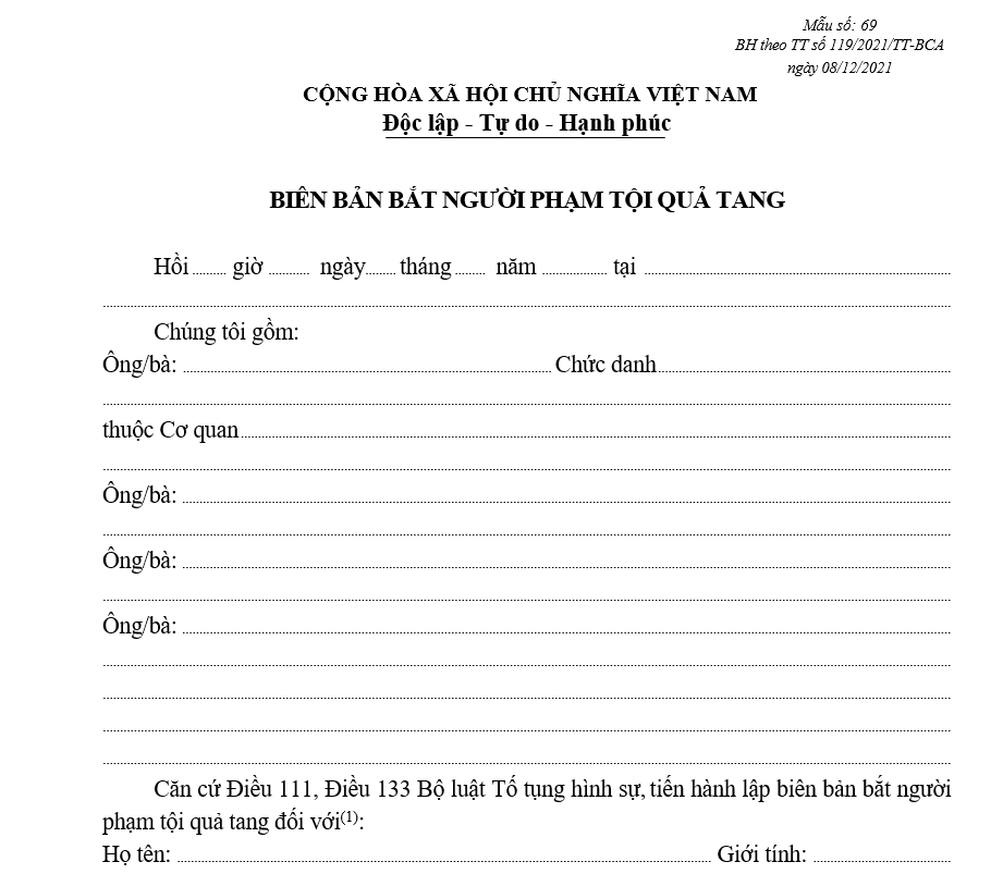 Mẫu biên bản bắt người phạm tội quả tang Mẫu biên bản bắt người phạm tội quả tang