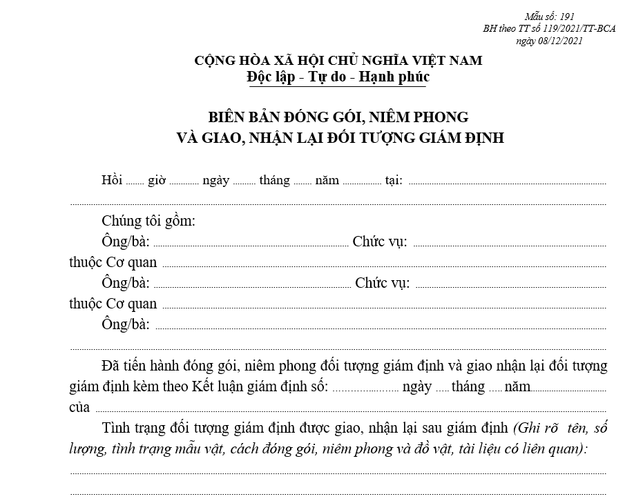 Mẫu biên bản đóng gói, niêm phong và giao, nhận lại đối tượng giám định Mẫu biên bản đóng gói, niêm phong và giao, nhận lại đối tượng giám định