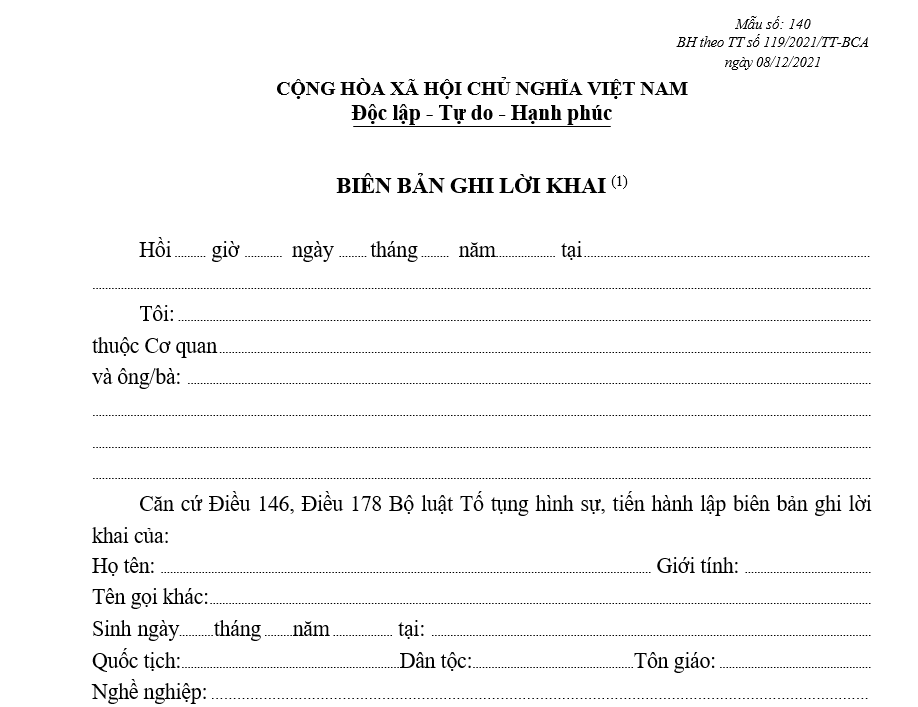 Mẫu biên bản ghi lời khai Mẫu biên bản ghi lời khai