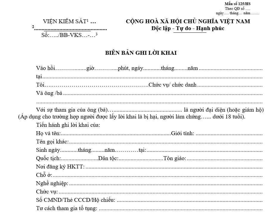 Mẫu biên bản ghi lời khai Mẫu biên bản ghi lời khai