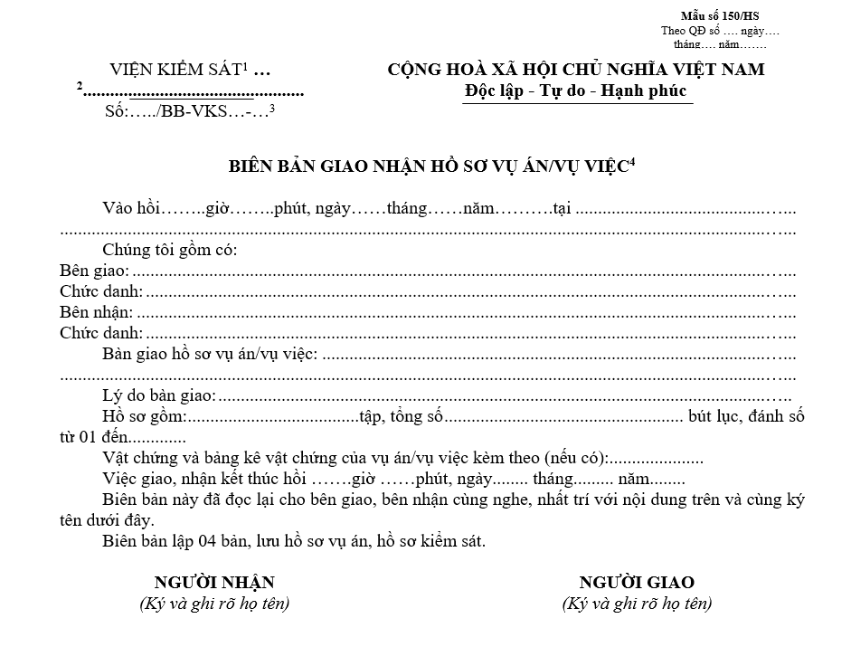 Mẫu biên bản giao nhận hồ sơ vụ án/vụ việc Mẫu biên bản giao nhận hồ sơ vụ án/vụ việc