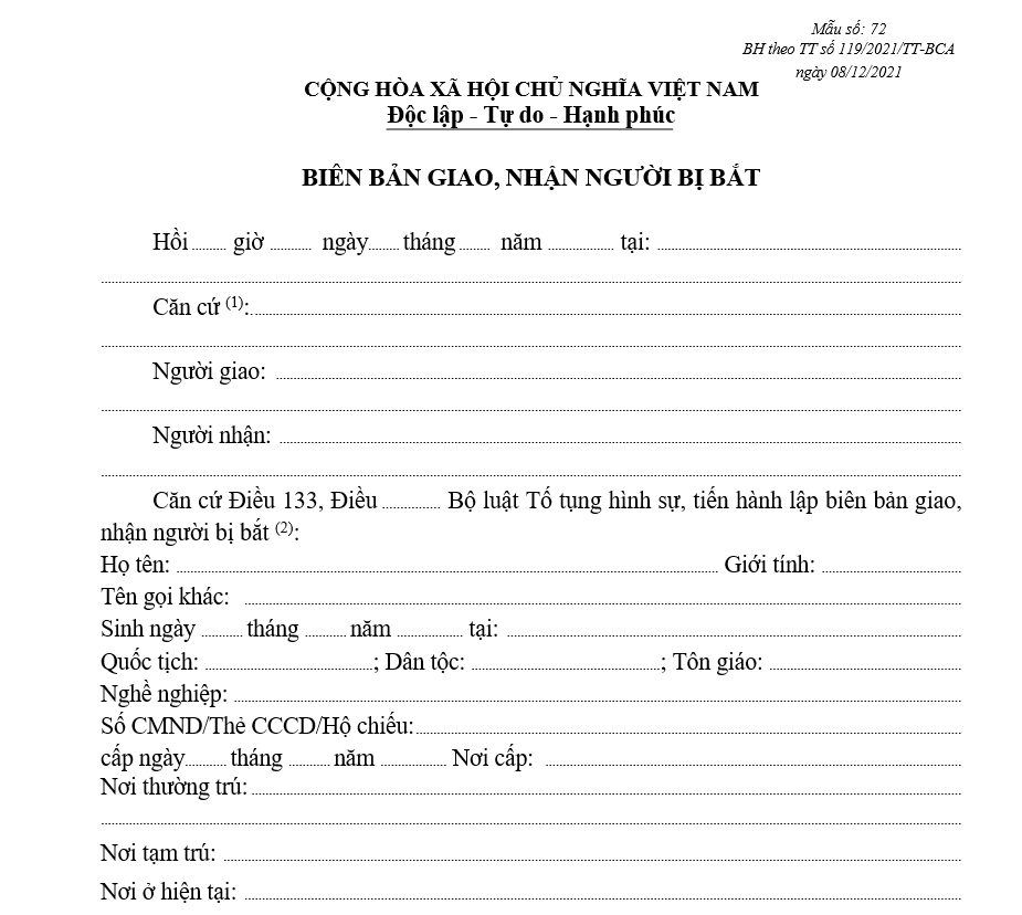 Mẫu biên bản giao, nhận người bị bắt Mẫu biên bản giao, nhận người bị bắt