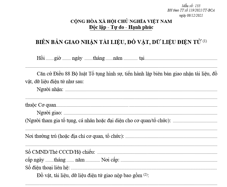 Mẫu biên bản giao nhận tài liệu, đồ vật, dữ liệu điện tử Mẫu biên bản giao nhận tài liệu, đồ vật, dữ liệu điện tử