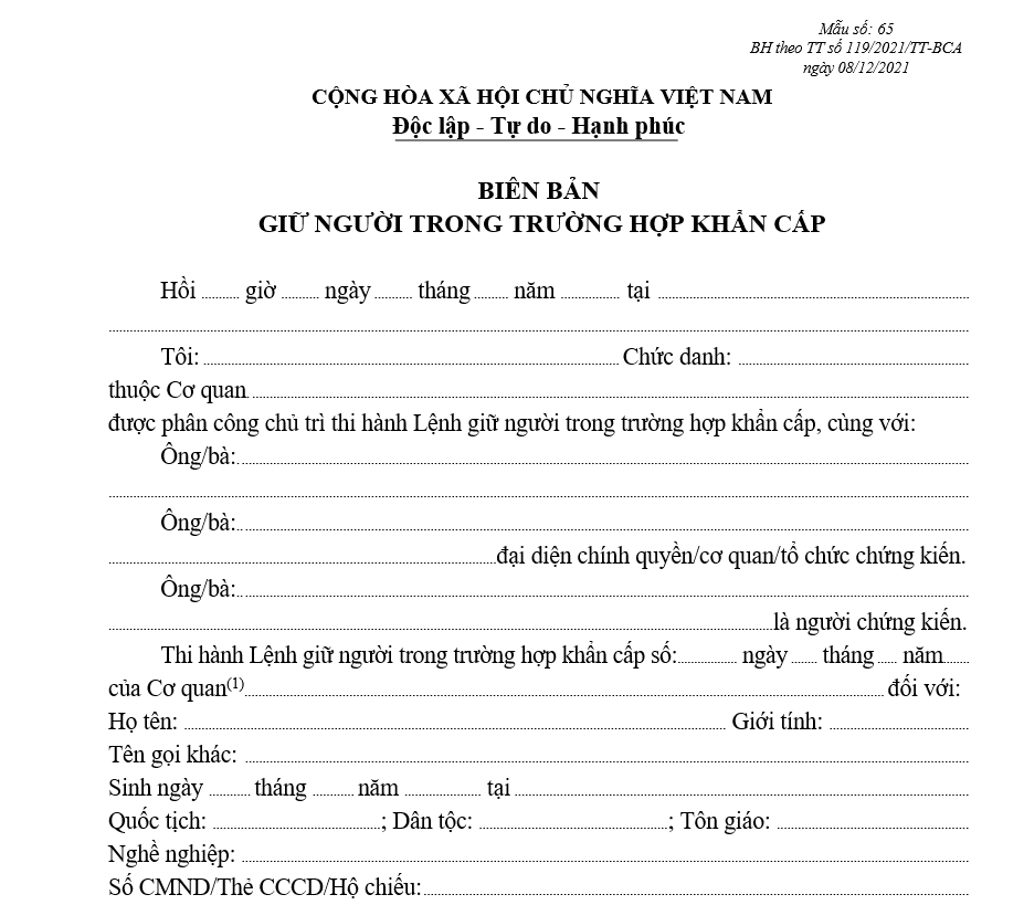 Mẫu biên bản giữ người trong trường hợp khẩn cấp Mẫu biên bản giữ người trong trường hợp khẩn cấp