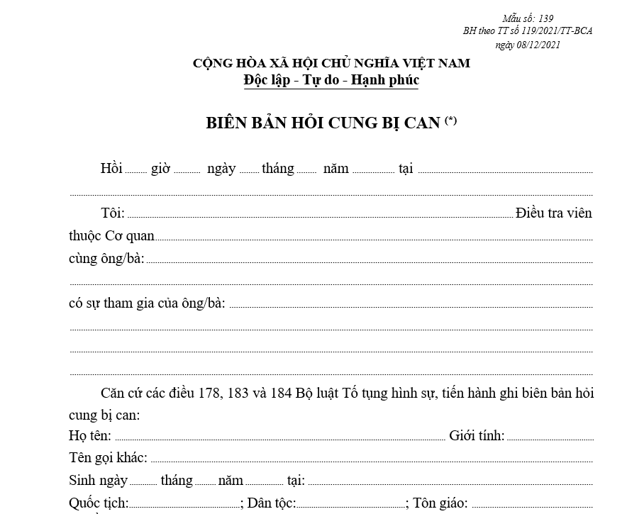 Mẫu biên bản hỏi cung bị can Mẫu biên bản hỏi cung bị can