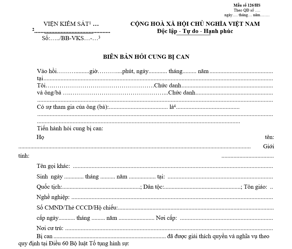 Mẫu biên bản hỏi cung bị can Mẫu biên bản hỏi cung bị can