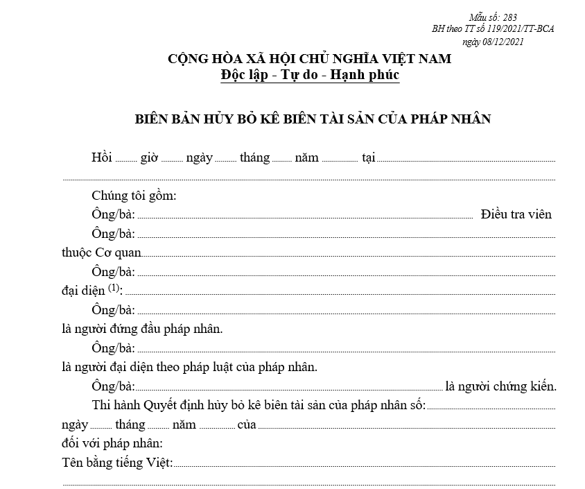 Mẫu biên bản hủy bỏ kê biên tài sản của pháp nhân Mẫu biên bản hủy bỏ kê biên tài sản của pháp nhân