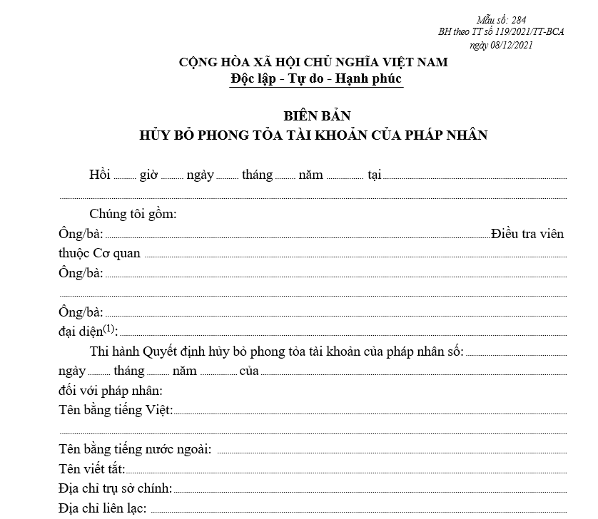 Mẫu biên bản hủy bỏ phong tỏa tài khoản của pháp nhân Mẫu biên bản hủy bỏ phong tỏa tài khoản của pháp nhân